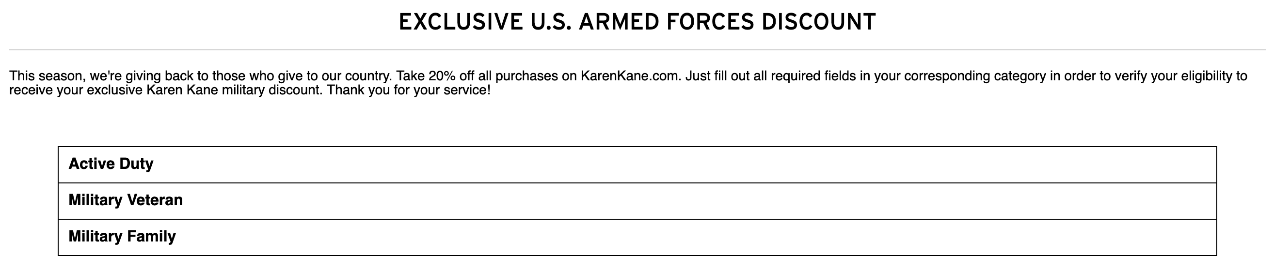 Karen Kane Military Veteran Discounts